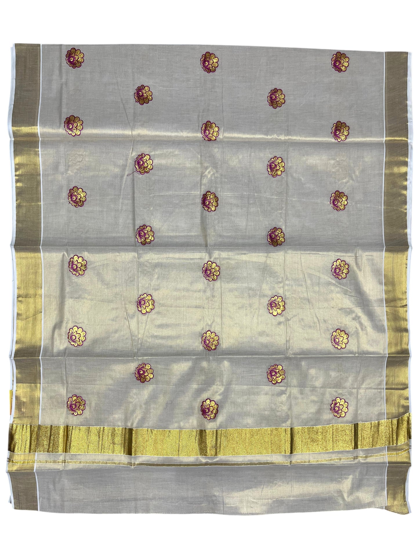 Southloom Kerala Tissue Kasavu Saree with Magenta Floral Embroidery Work on Body