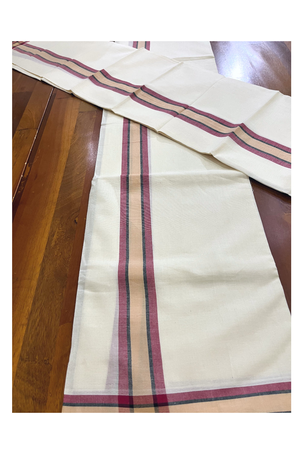 Kerala Mulloth Cotton Single Mundum Neriyathum with Maroon Beige Border (Extra Soft Cotton)