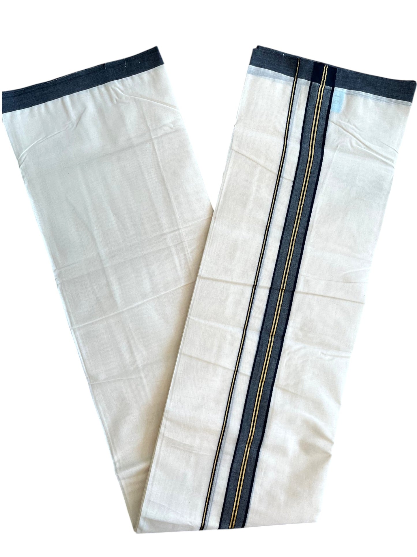 Southloom Pure Cotton Mundu with Golden Lines and Black Border (South Indian Kerala Dhoti)