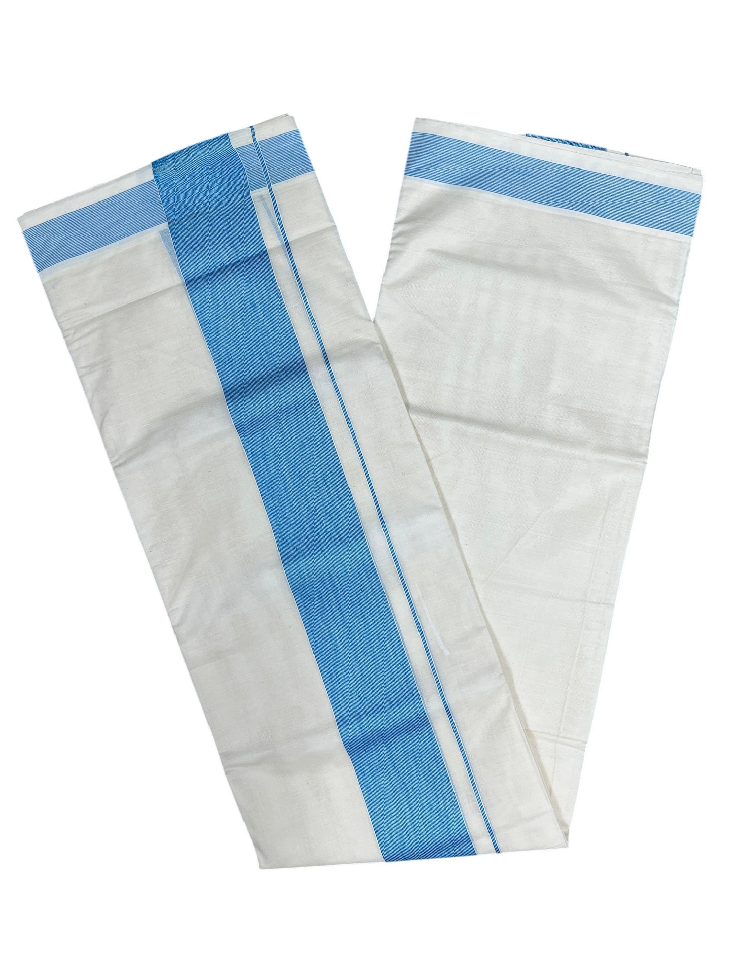 Southloom Kerala Pure Cotton Double Mundu with Blue Lines Border (South Indian Kerala Dhoti)