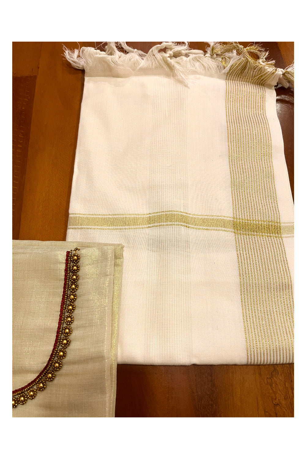 Kerala Tissue Churidar Salwar Material with Bead Works on Yoke (include Shawl / Dupatta)