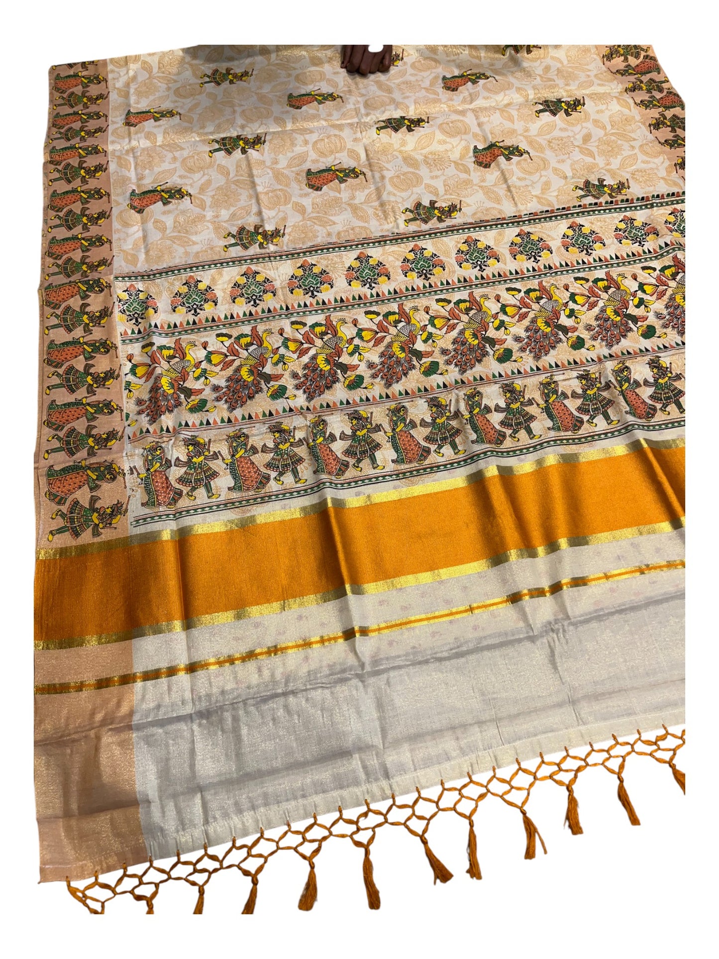 Southloom Kerala Tissue Kasavu Saree Orange Hand Printed
