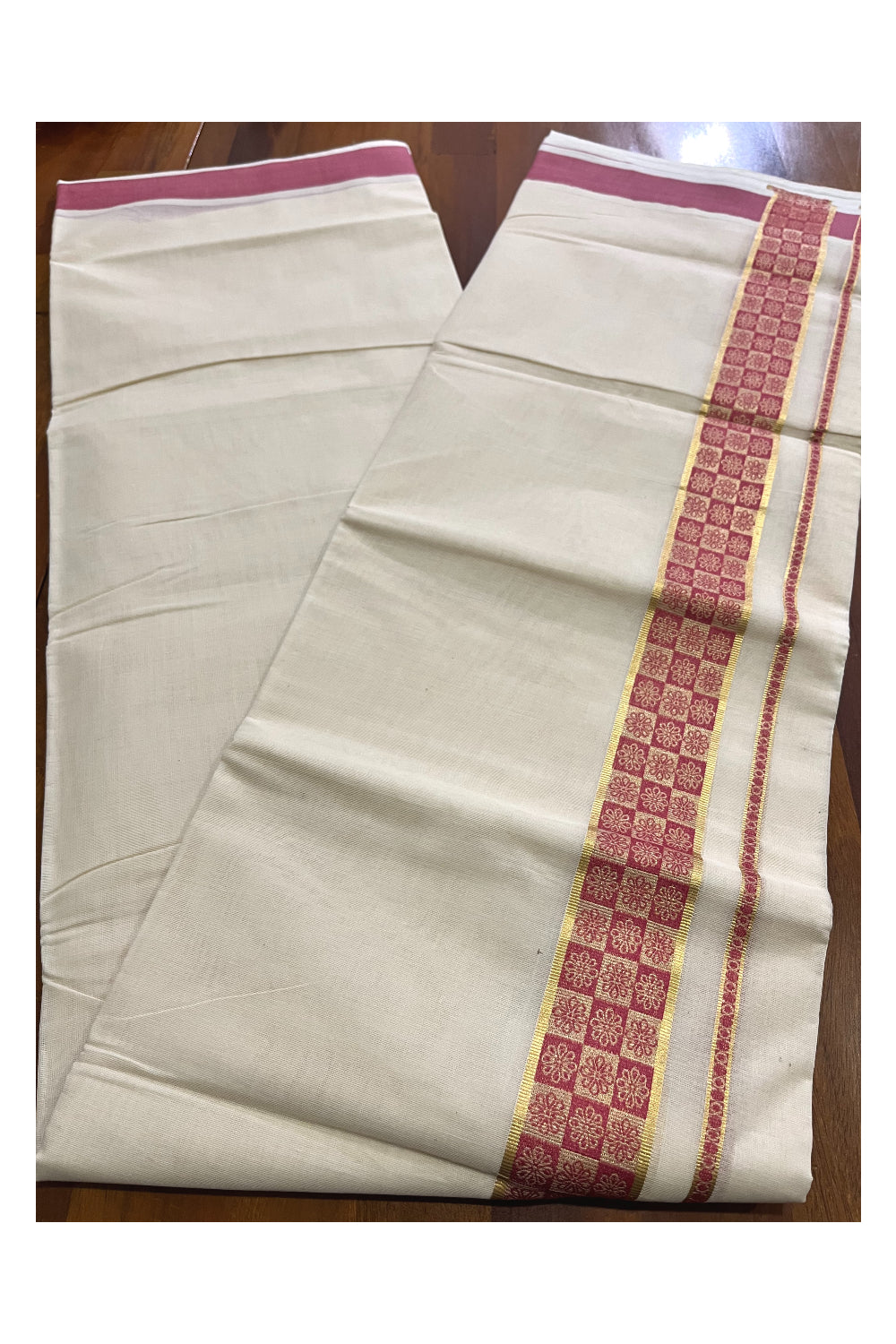 Kerala Pure Cotton Double Mundu with Kasavu and Pink Woven Border (Vishu 2024 Collection)