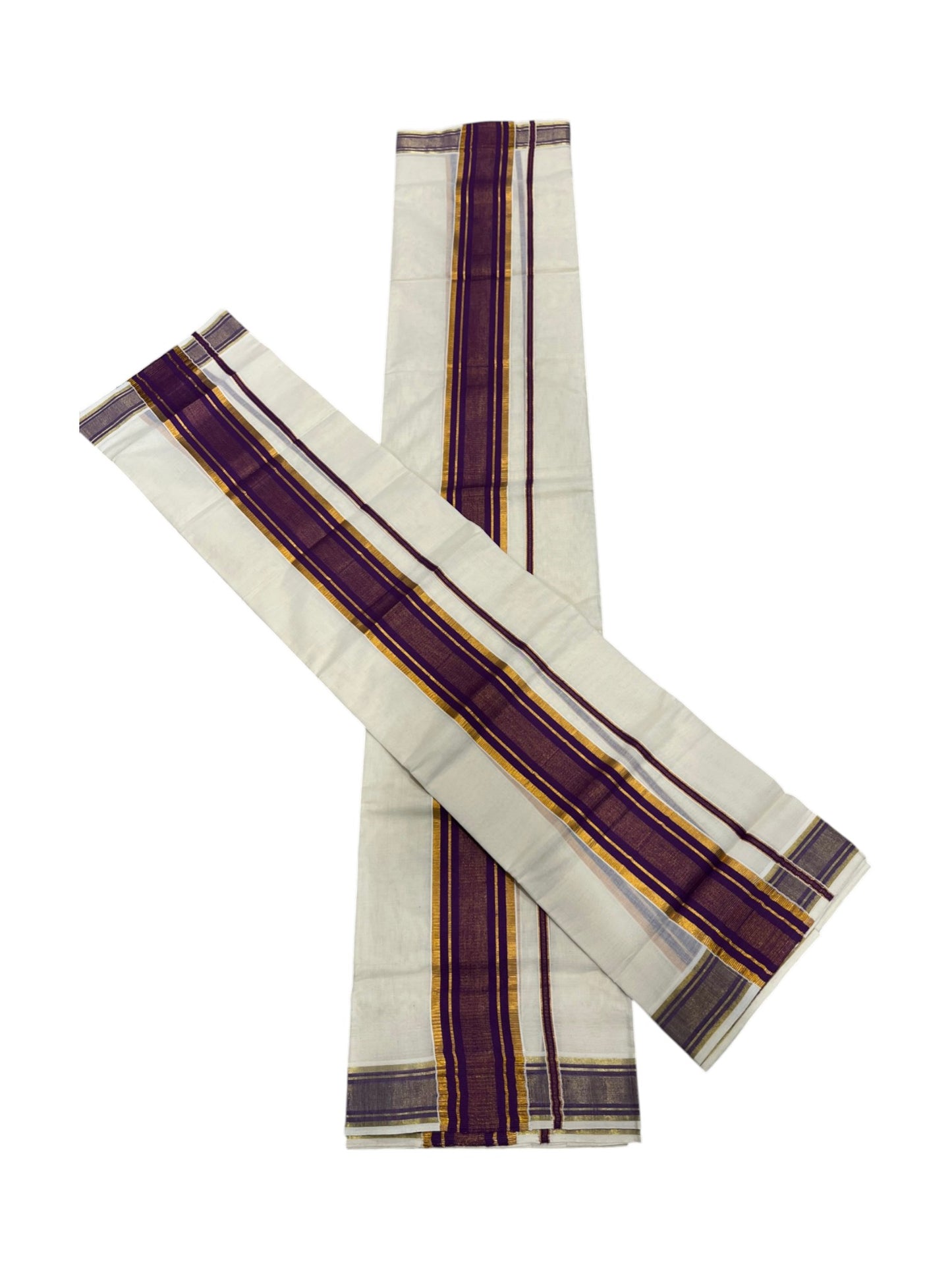 Southloom Kerala Cotton  Set Mundu (Mundum Neriyathum) with Kasavu and Violet Border 2.80Mtrs