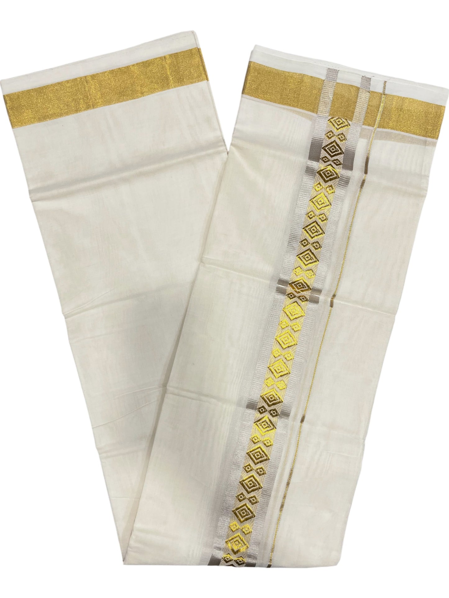 Southloom Premium Handloom Cotton Double Mundu with Gold And Silver Kasavu Border