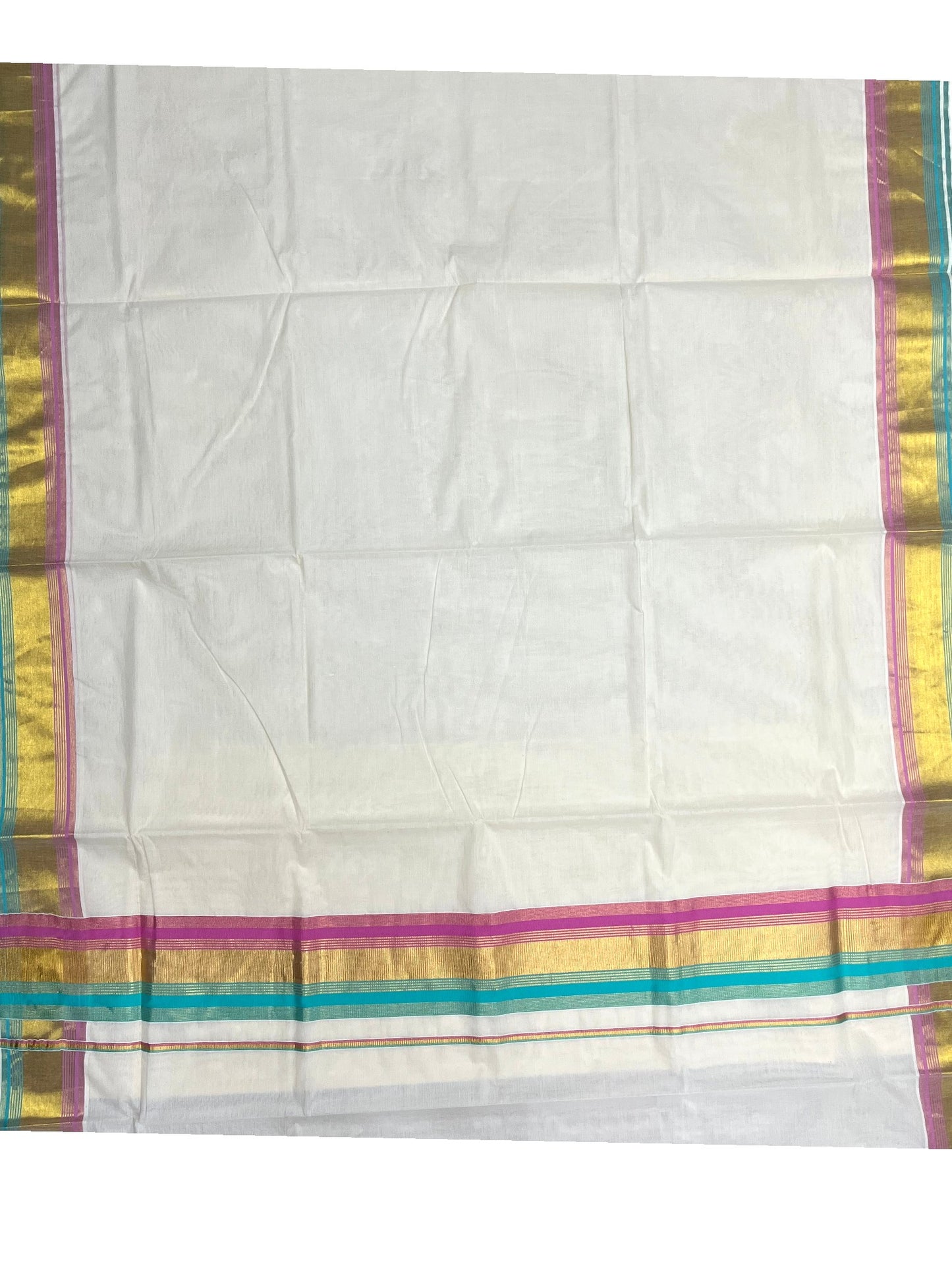 Southloom Kerala Cotton Kasavu Saree with Turquoise And Light Pink Border