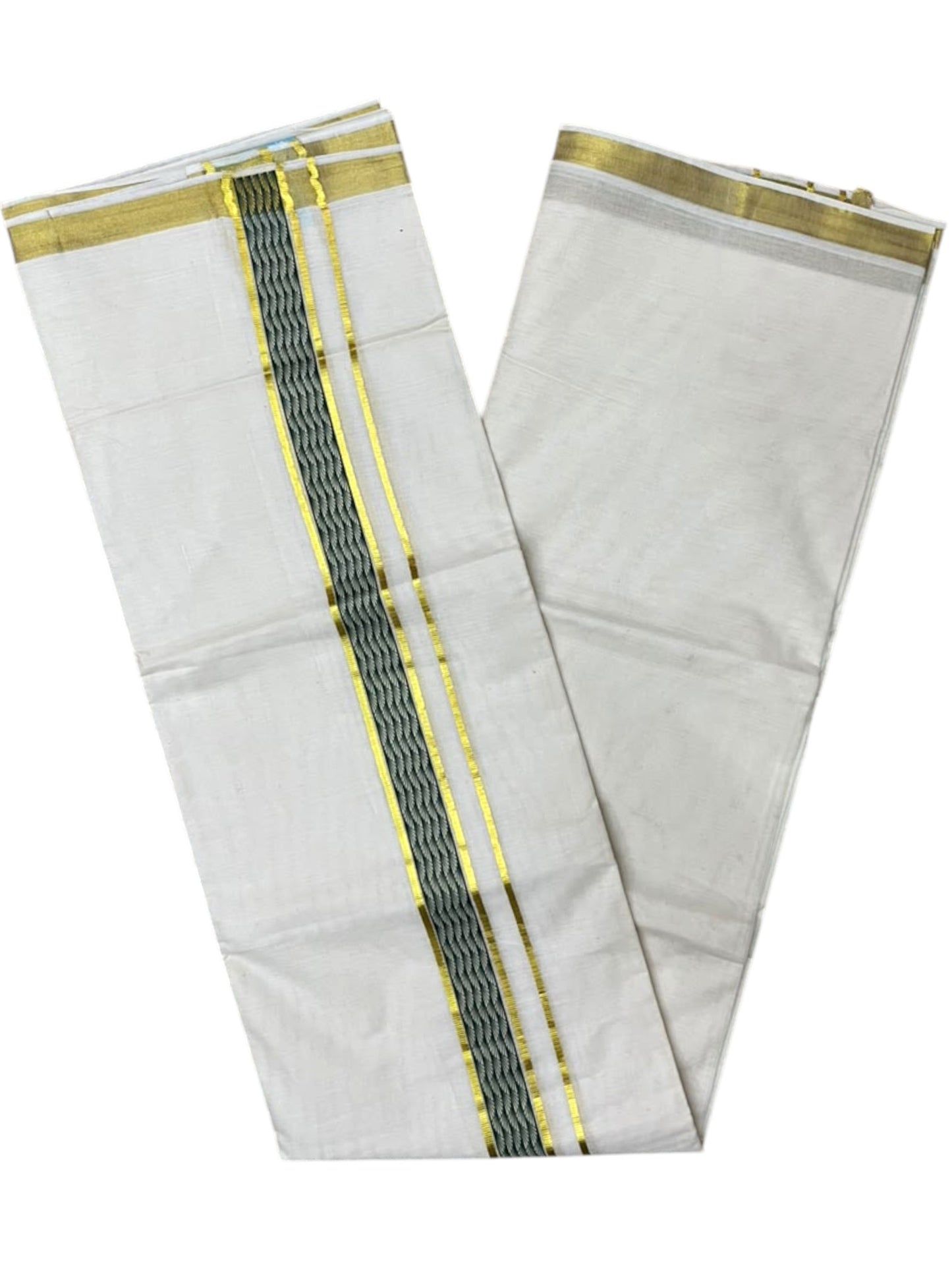 Southloom Pure Cotton Double Mundu with Green Block Printed And Ksavu Border (South Indian Kerala Dhoti)