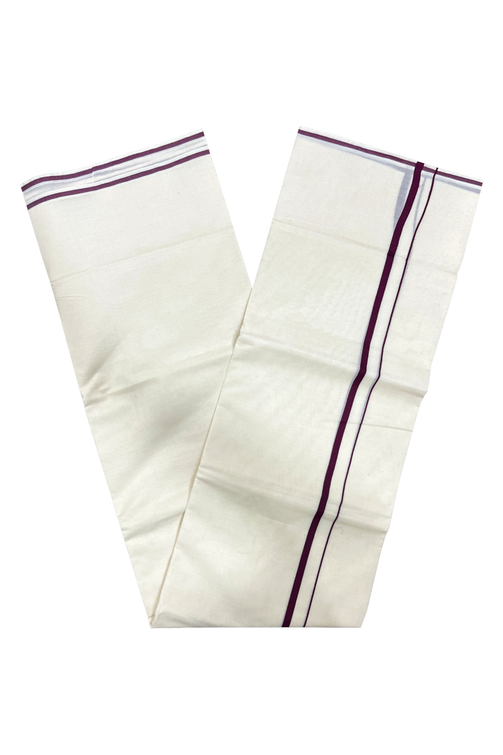 Pure Cotton Double Mundu with 0.5 inch Purple Border (South Indian Kerala Dhoti)