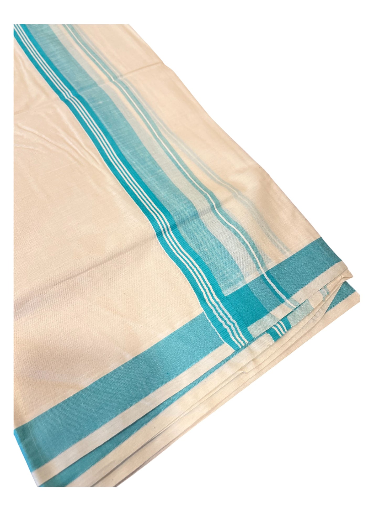 Southloom Pure Cotton Double Mundu With White Lines & Blue Border (South Indian Kerala Dhoti)
