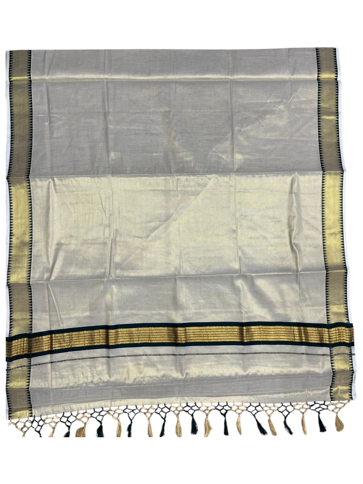 Southloom Kerala Tissue Kasavu Saree With Green Temple Woven Works on Border SL365