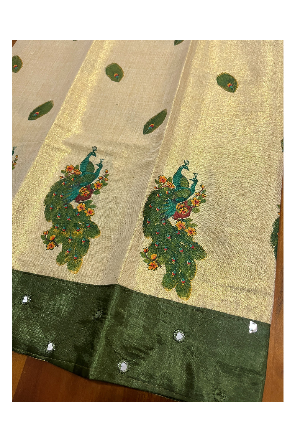 Kerala Tissue Mural Printed Pavada and Green Blouse Material for Kids 3 Meters