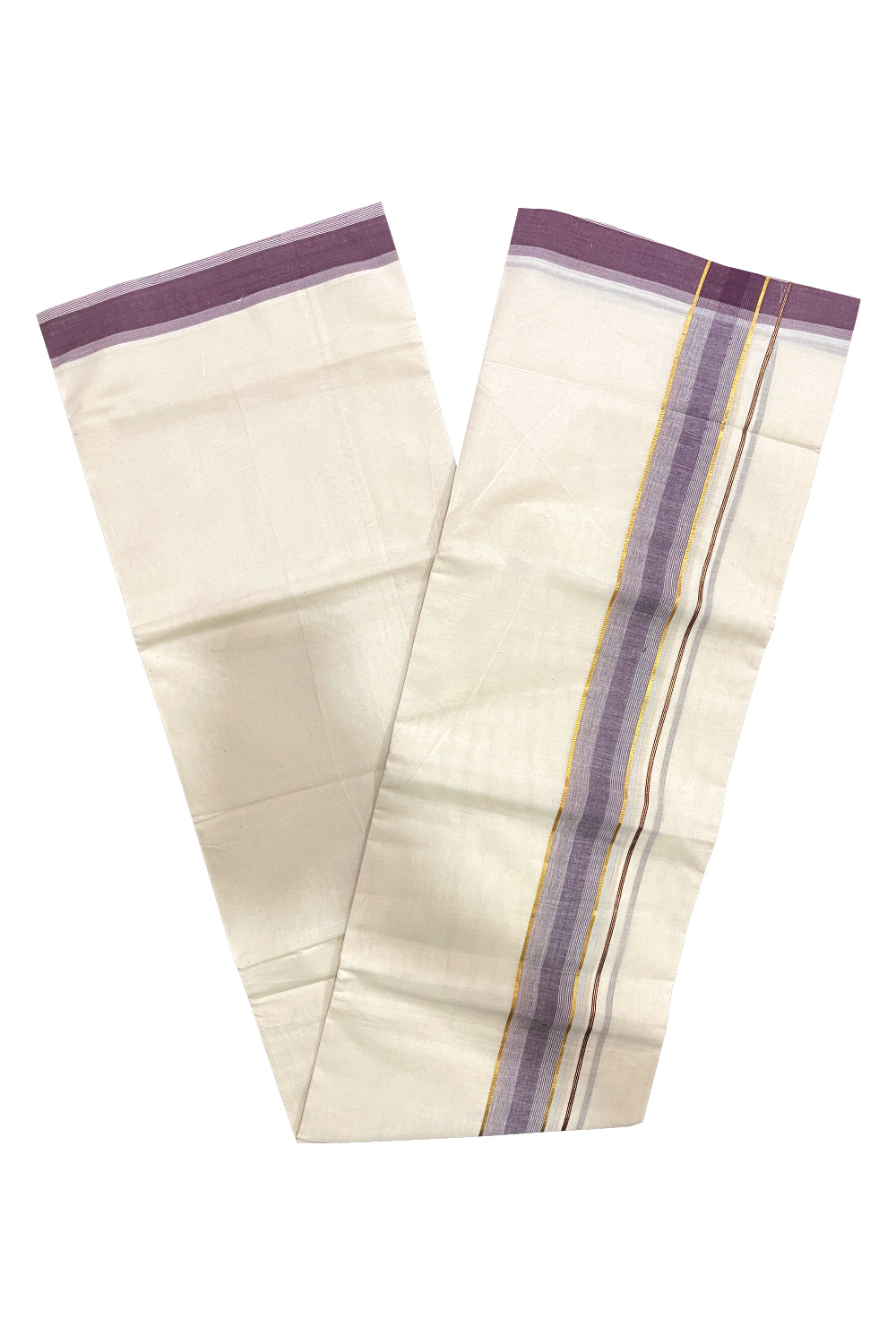 Pure Cotton Kerala Double Mundu with Kasavu and Purple Kara (South Indian Kerala Dhoti)