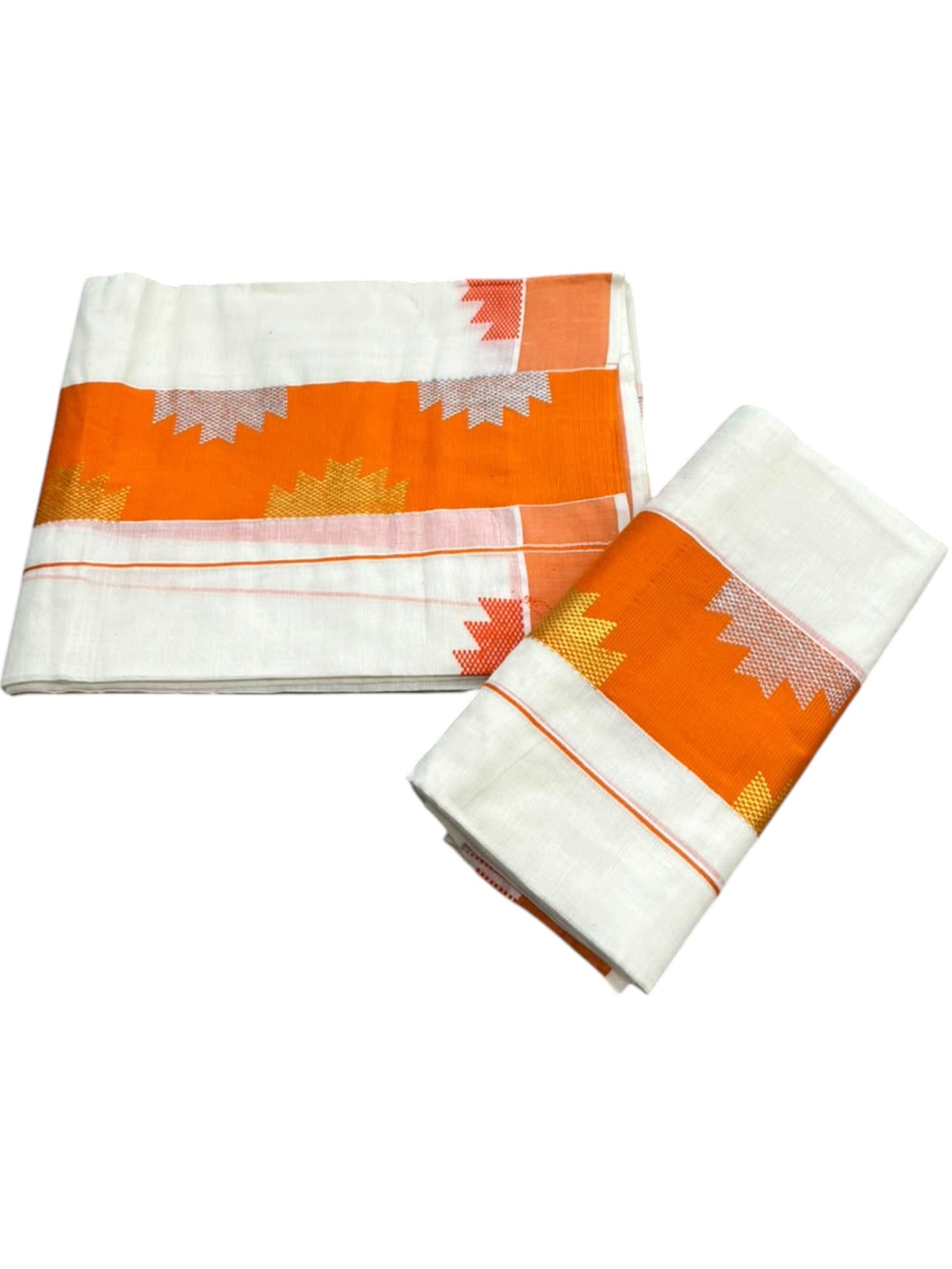 Southloom Pure Cotton Single Set Mundu (Mundum Neriyathum) Temple Design & Orange Border