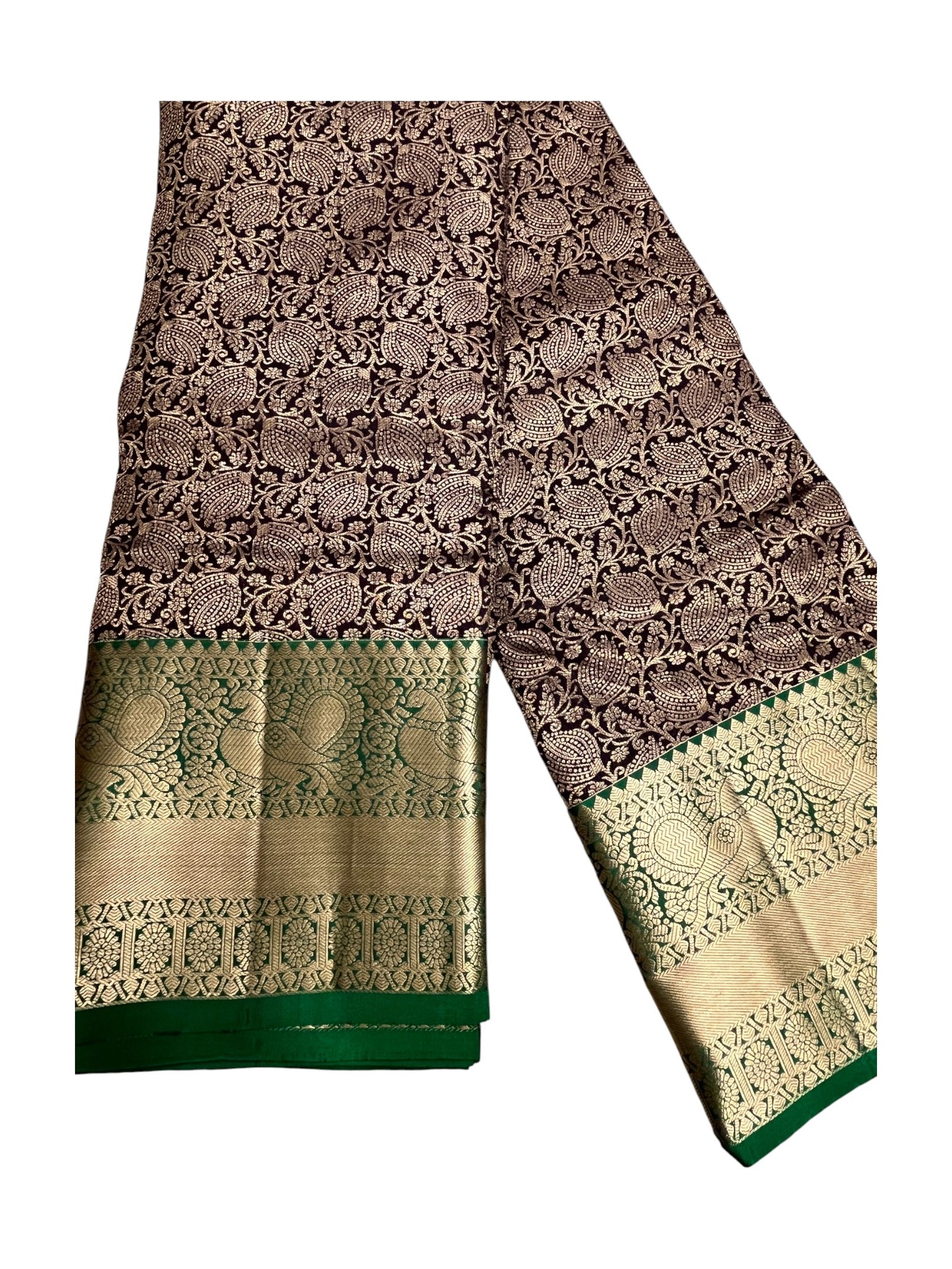 Southloom Pure Handloom Bridal Kanchipuram Silk Saree with Korvai Work (Brown & Green)
