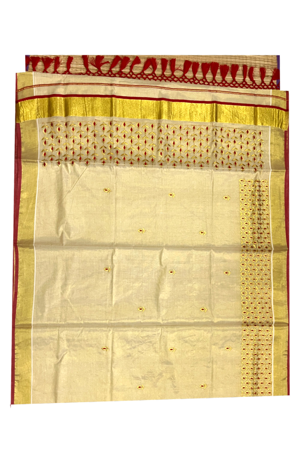 Kerala Tissue Kasavu Heavy Work Saree with Golden and Red Floral Embroidery Design