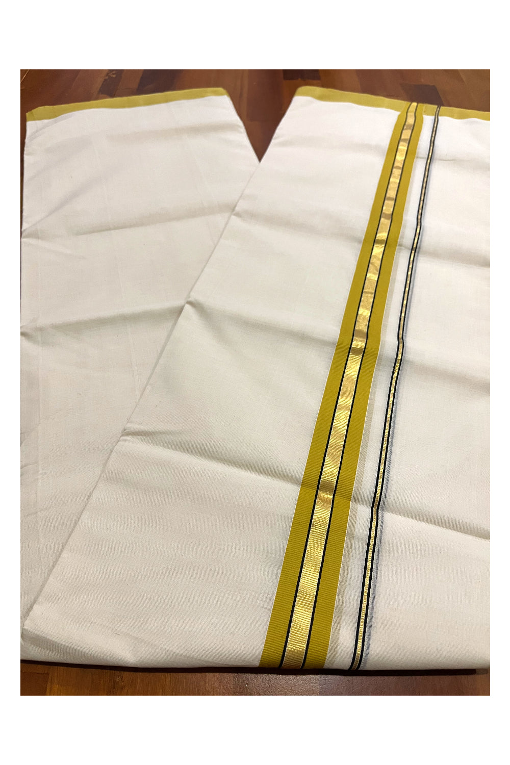 Southloom Premium Balaramapuram Unakkupaavu Handloom Kasavu Mundu with Yellow Black Border (South Indian Kerala Dhoti)