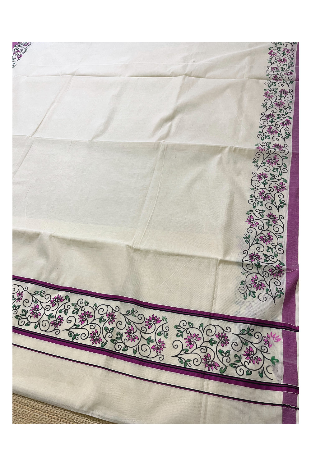 Pure Cotton Kerala Saree with Floral Block Prints and Magenta Border