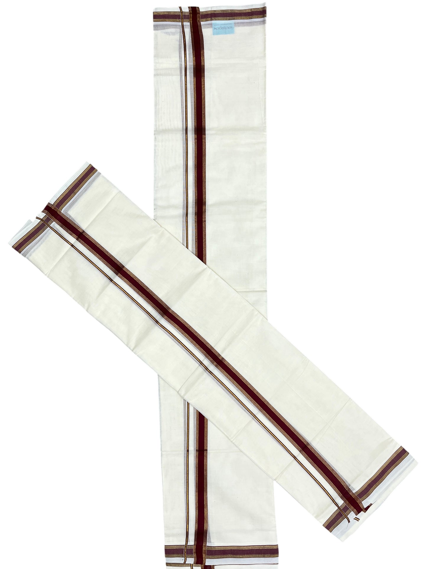 Southloom Pure Cotton Kerala Single Set Mundu (Mundum Neriyathum) with Maroon Kasavu Border in 2.80 Mtrs