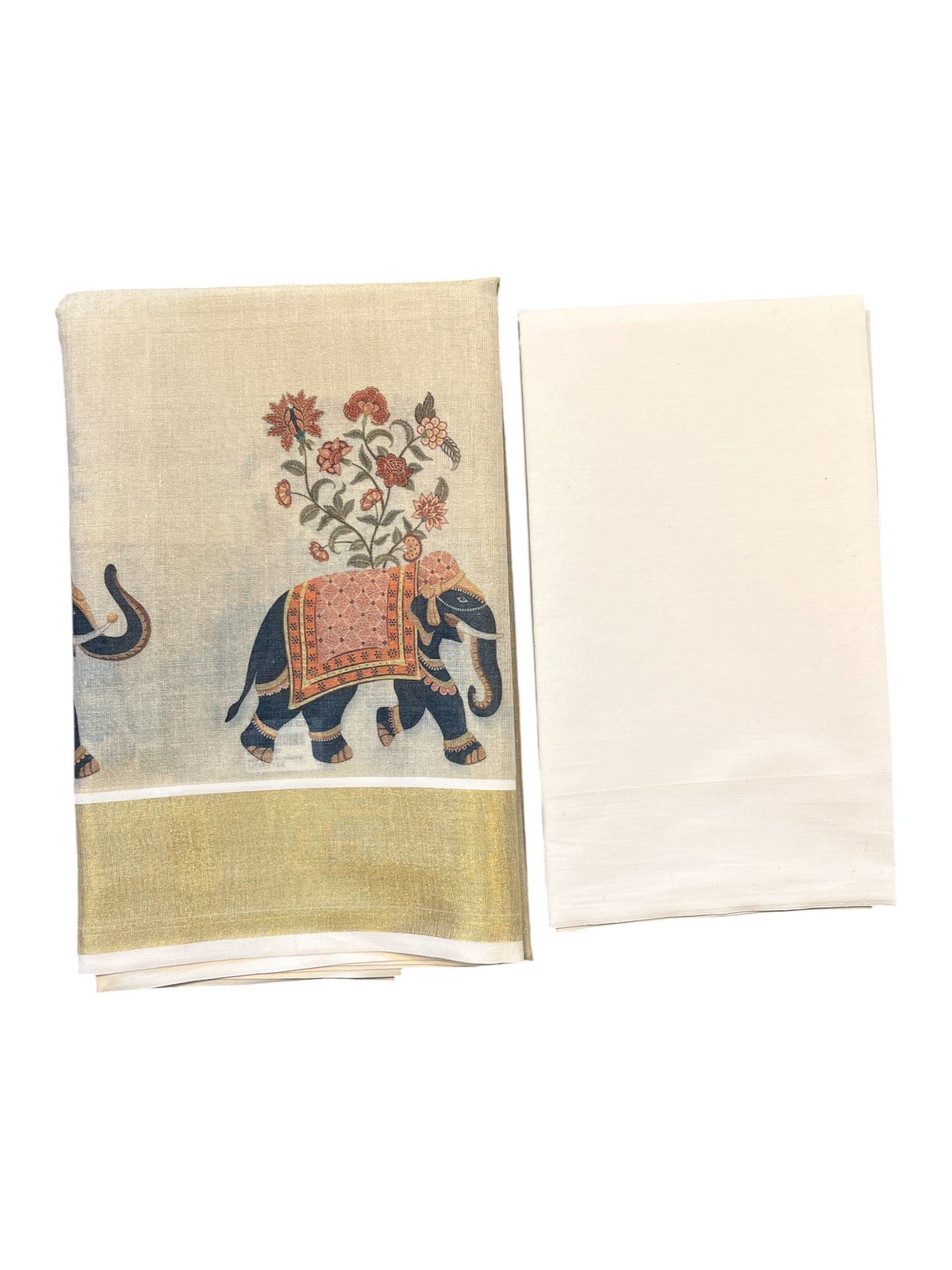 Southloom Kerala Tissue Churidar Salwar Material with  Elephant Painted Floral Designs (include Shawl / Dupatta)