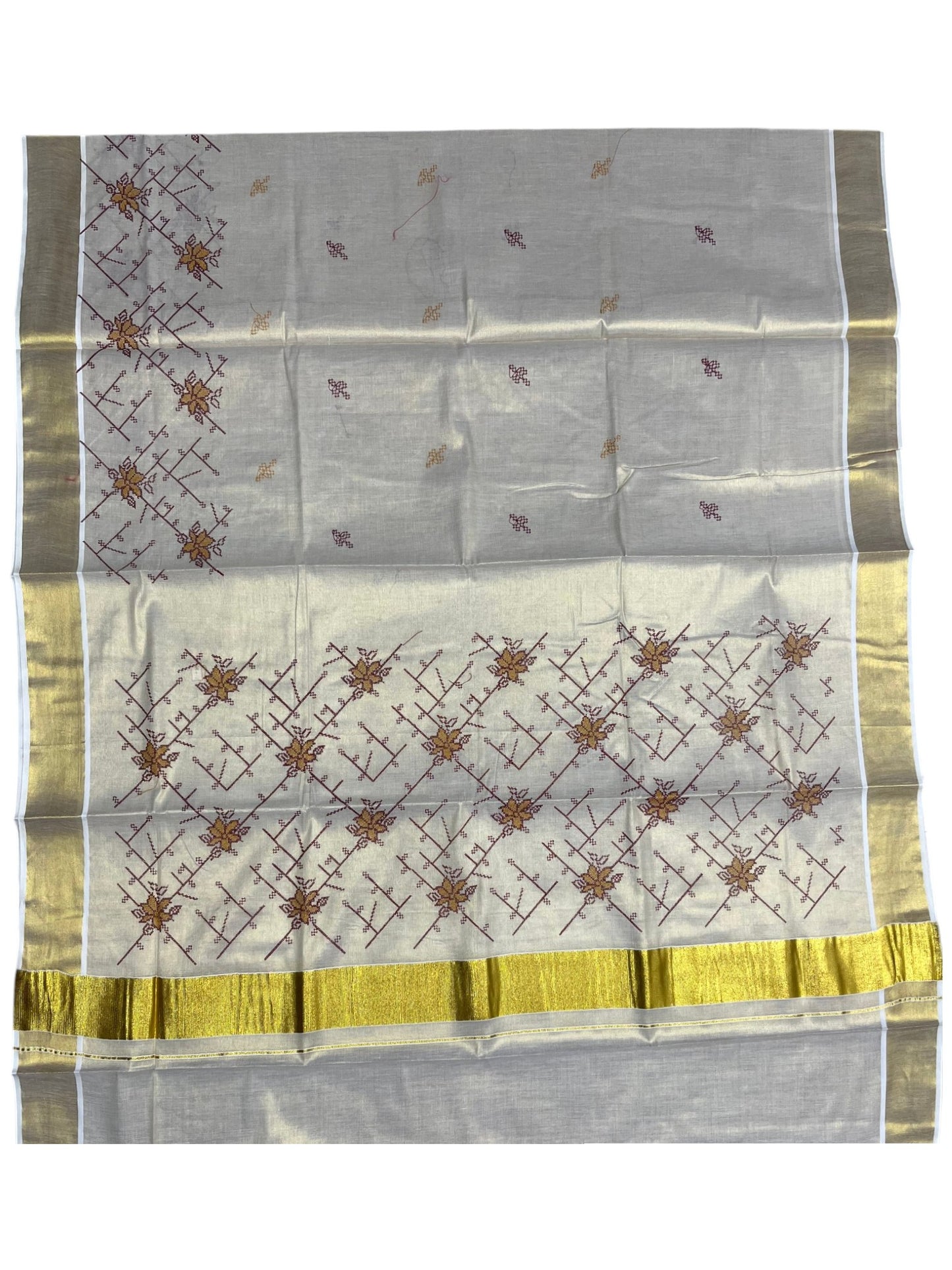 Southloom Tissue Kerala Kasavu Saree with Floral Embroidery Work on Body in Maroon