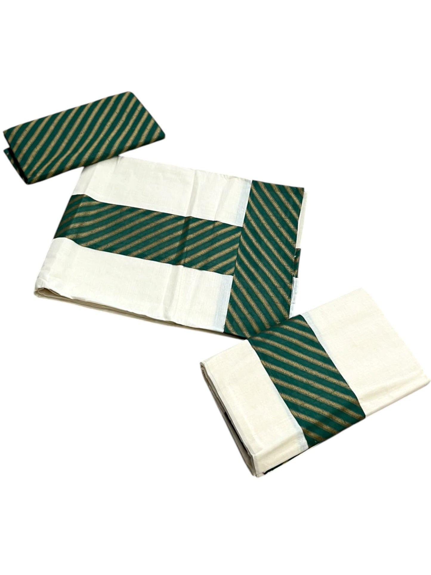Southloom Pure Cotton Single Set Mundu (Mundum Neriyathum) With Green Border 2.80 Mtrs