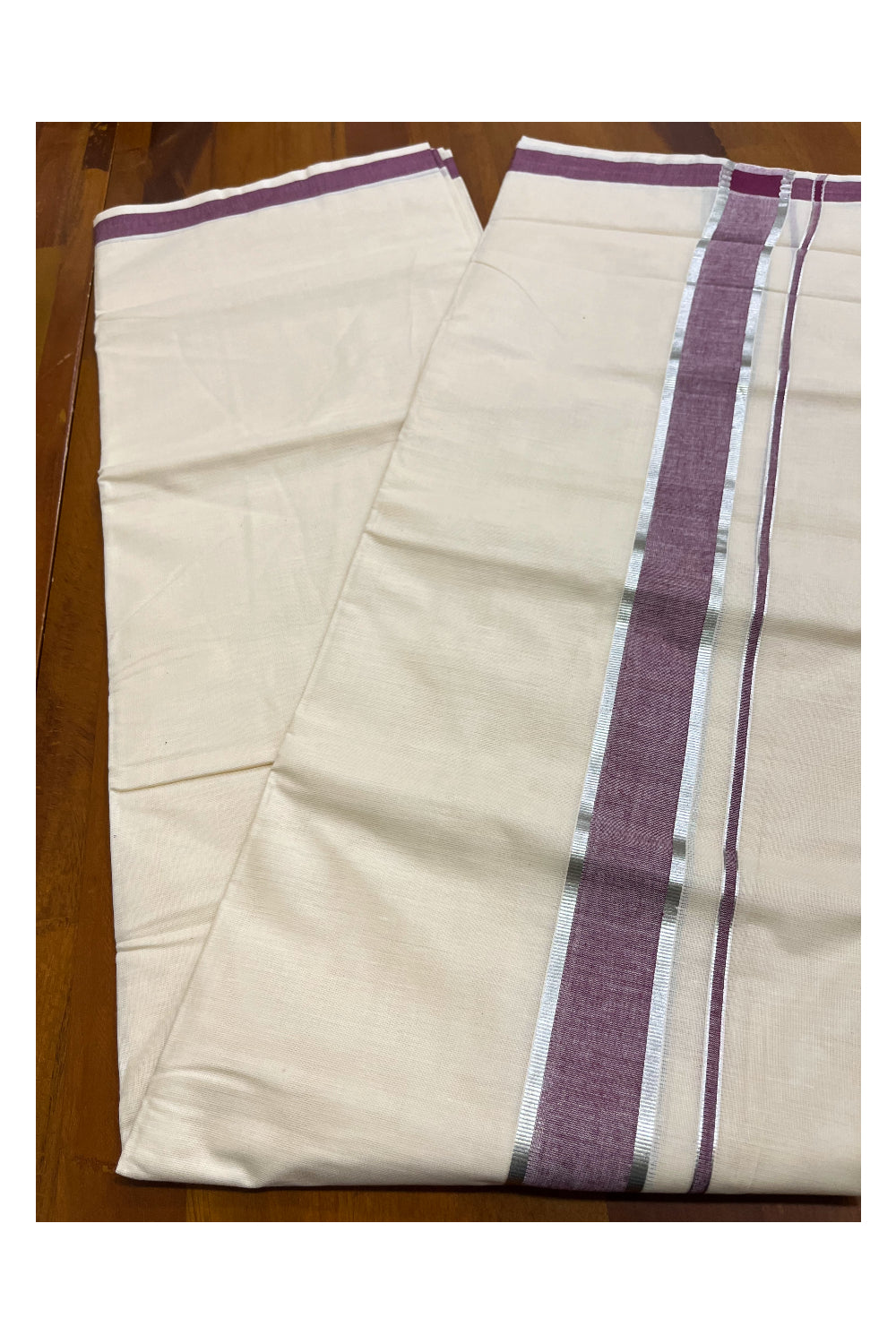 Kerala Pure Cotton Double Mundu with Purple and Silver Kasavu Border (South Indian Kerala Dhoti)