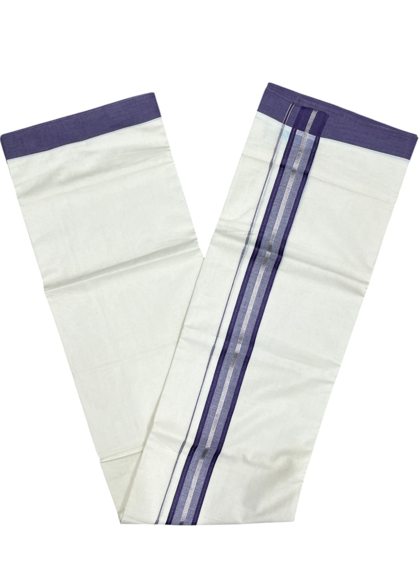 Southloom Kerala Pure Cotton Double Mundu with Silver Lines and Violet Border with (South Indian Dhoti)
