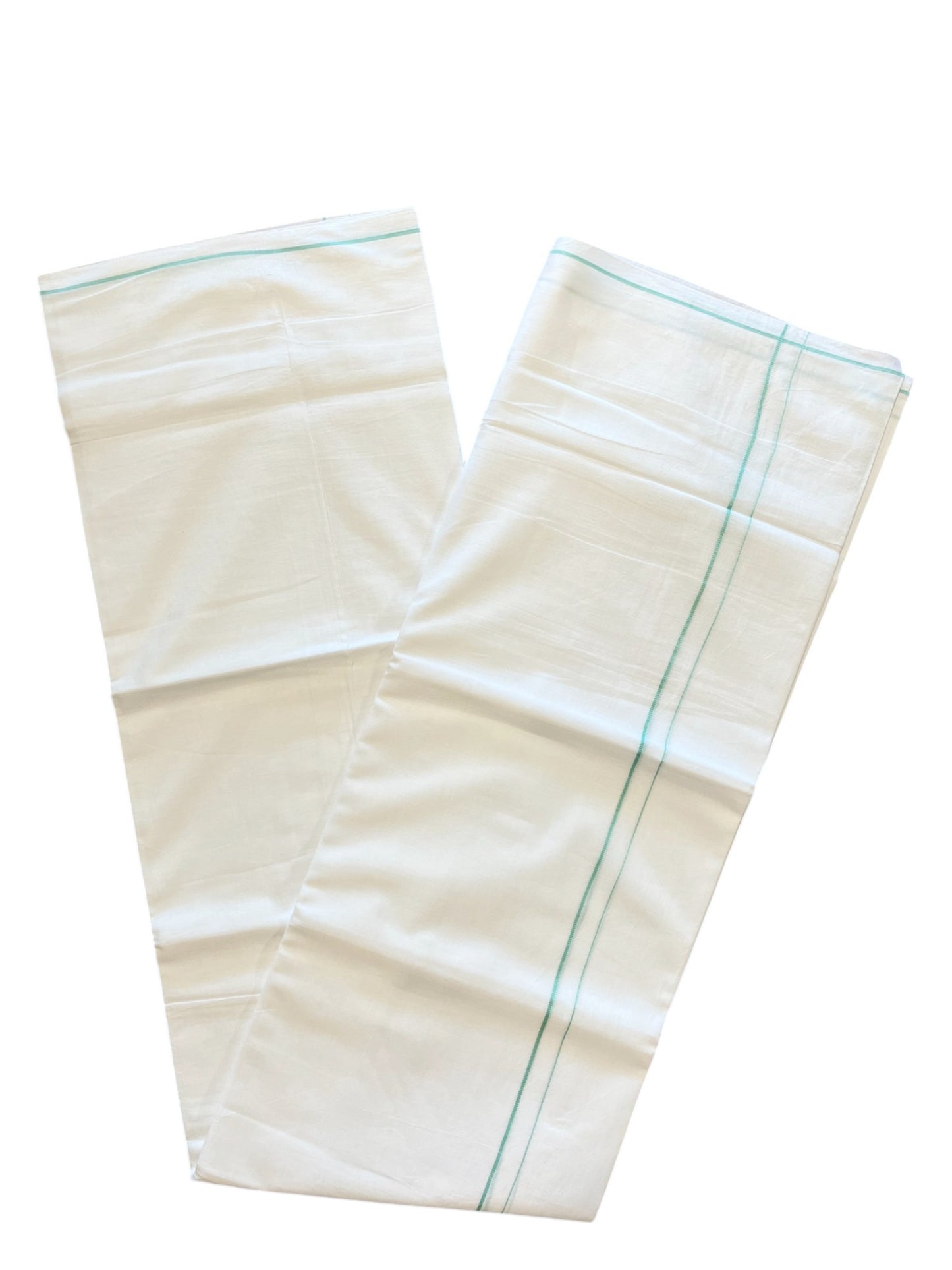 Pure White Cotton Double Mundu with Green Border (South Indian Dhoti)