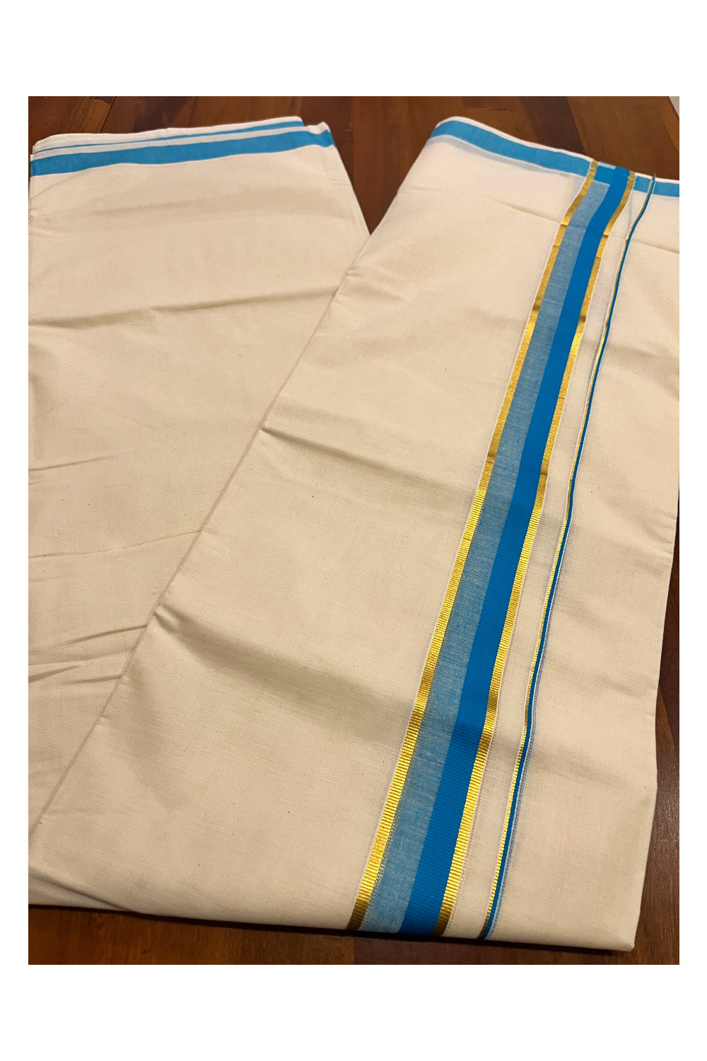 Kerala Pure Cotton Double Mundu with Blue and Kasavu Border (South Indian Kerala Dhoti)