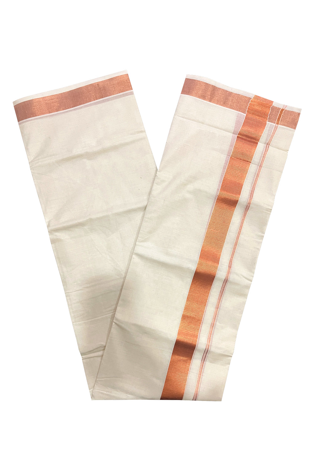 Pure Cotton Double Mundu with Copper Kasavu Kara 1.5 inches (South Indian Kerala Dhoti)