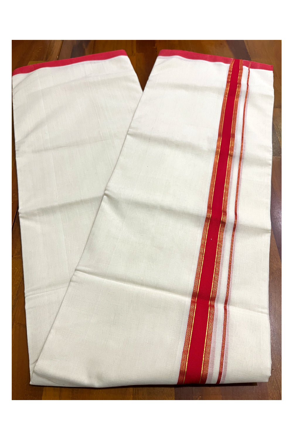 Premium Balaramapuram Handloom Unakkupaavu Cotton Double Mundu with Red and Kasavu Border