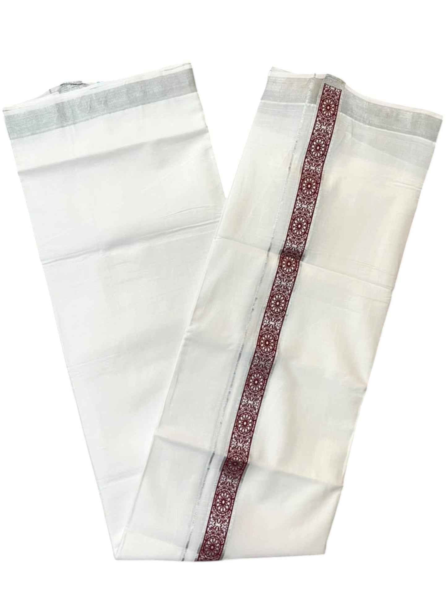 Southloom Pure White Cotton Mundu with Brick Red and Silver Kasavu Border (South Indian Kerala Dhoti)