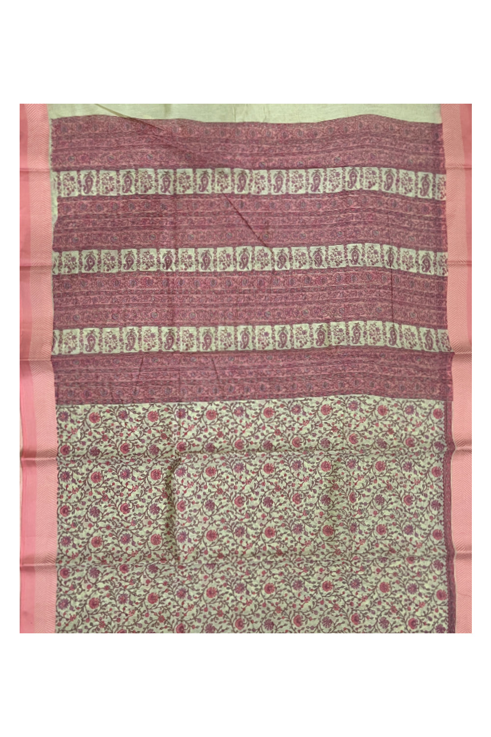 Southloom Cotton Floral Printed Saree with Pink Border