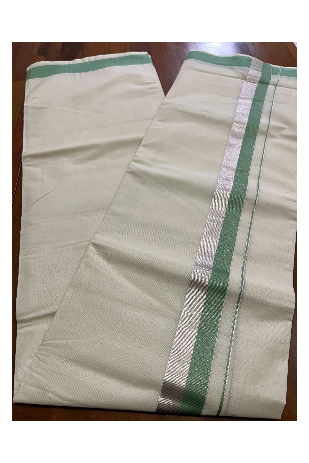 Off White Kerala Cotton Double Mundu with Silver Kasavu and Light Green Border (South Indian Kerala Dhoti)