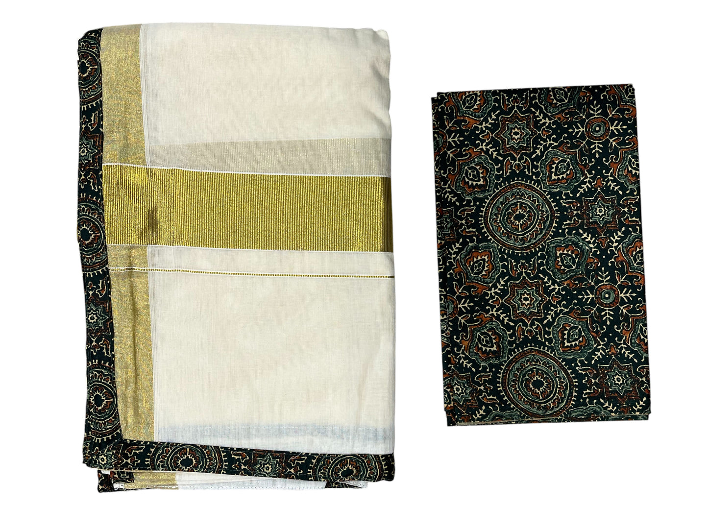 Southloom Semi Stitched Cottan Dhavani Set with Pavada and Ajrakh Blouse Piece