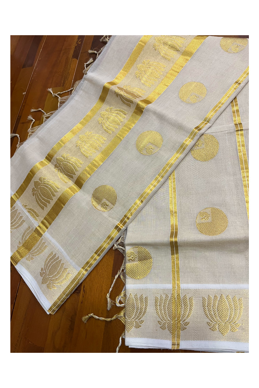 Southloom™ Premium Handloom Tissue Kasavu Saree with Lotus Woven Designs