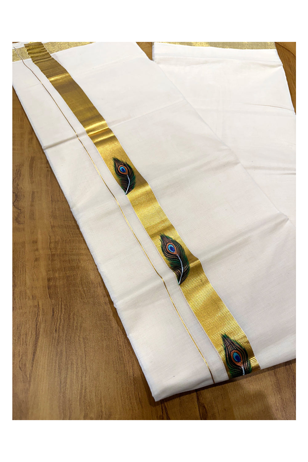 Off White Pure Cotton Double Mundu with Feather Mural Painted Design on Kasavu Kara (South Indian Dhoti)