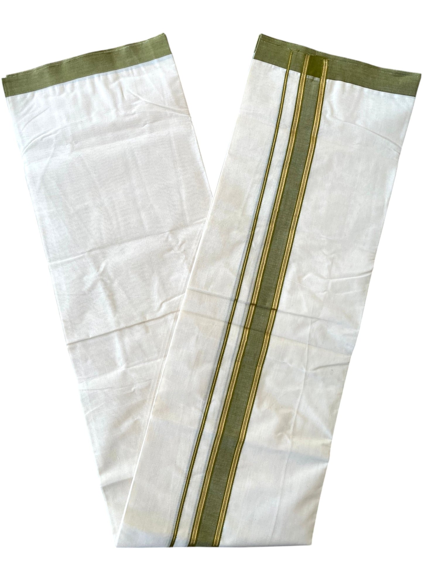 Southloom Pure Cotton Mundu with Golden Lines and Olive Green Border (South Indian Kerala Dhoti)