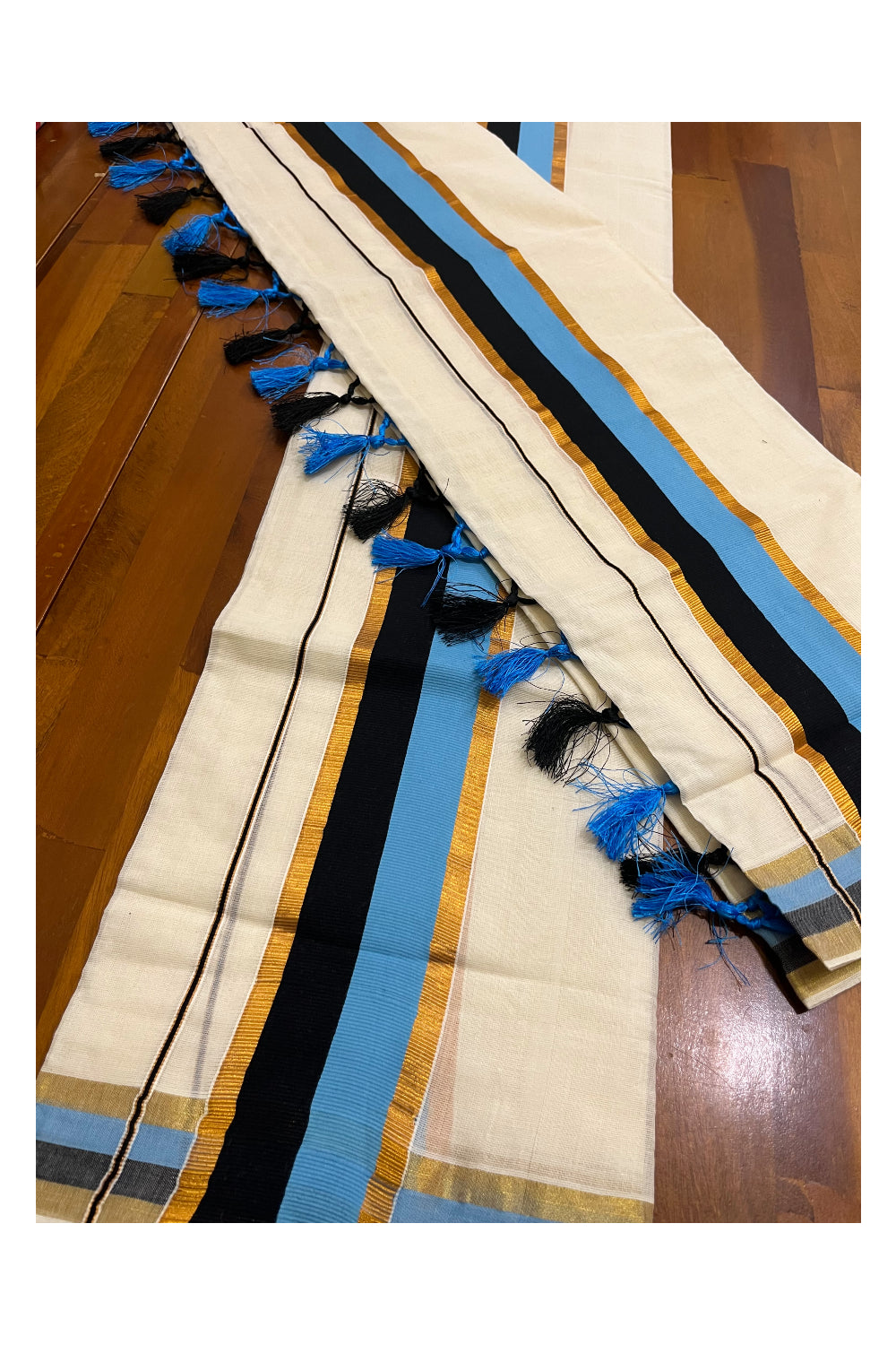 Cotton Kerala Kasavu Set Mundu (Mundum Neriyathum) with Blue Black Border and Tassels