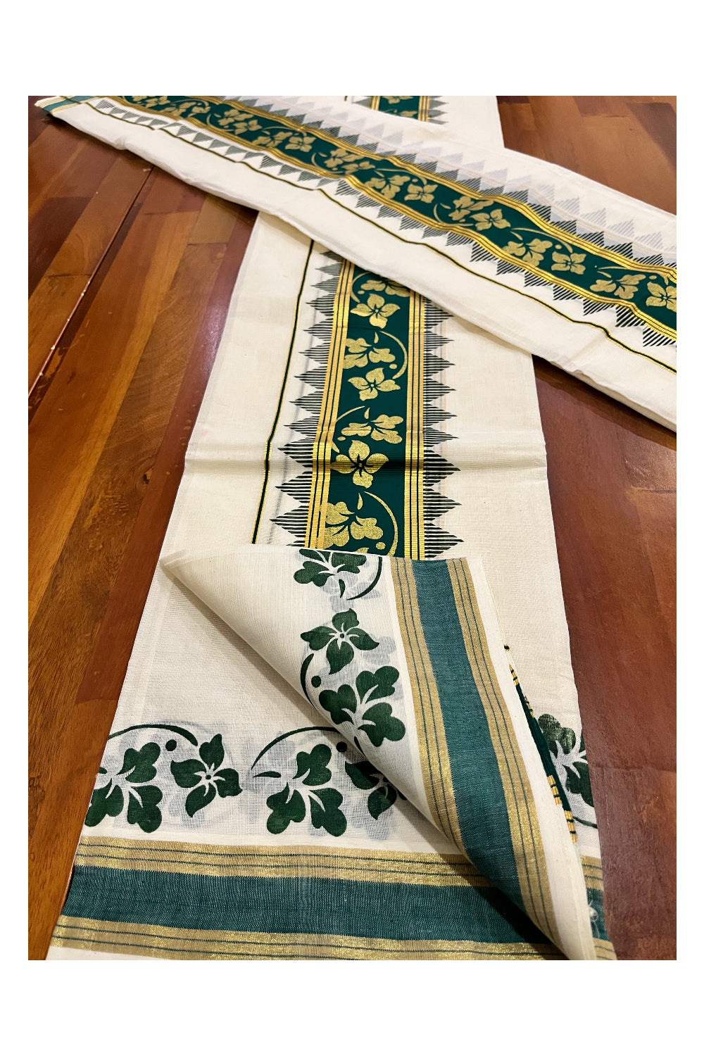 Kerala Pure Cotton Set Mundu Single (Mundum Neriyathum) with Floral Golden Block Prints on Dark Green Border