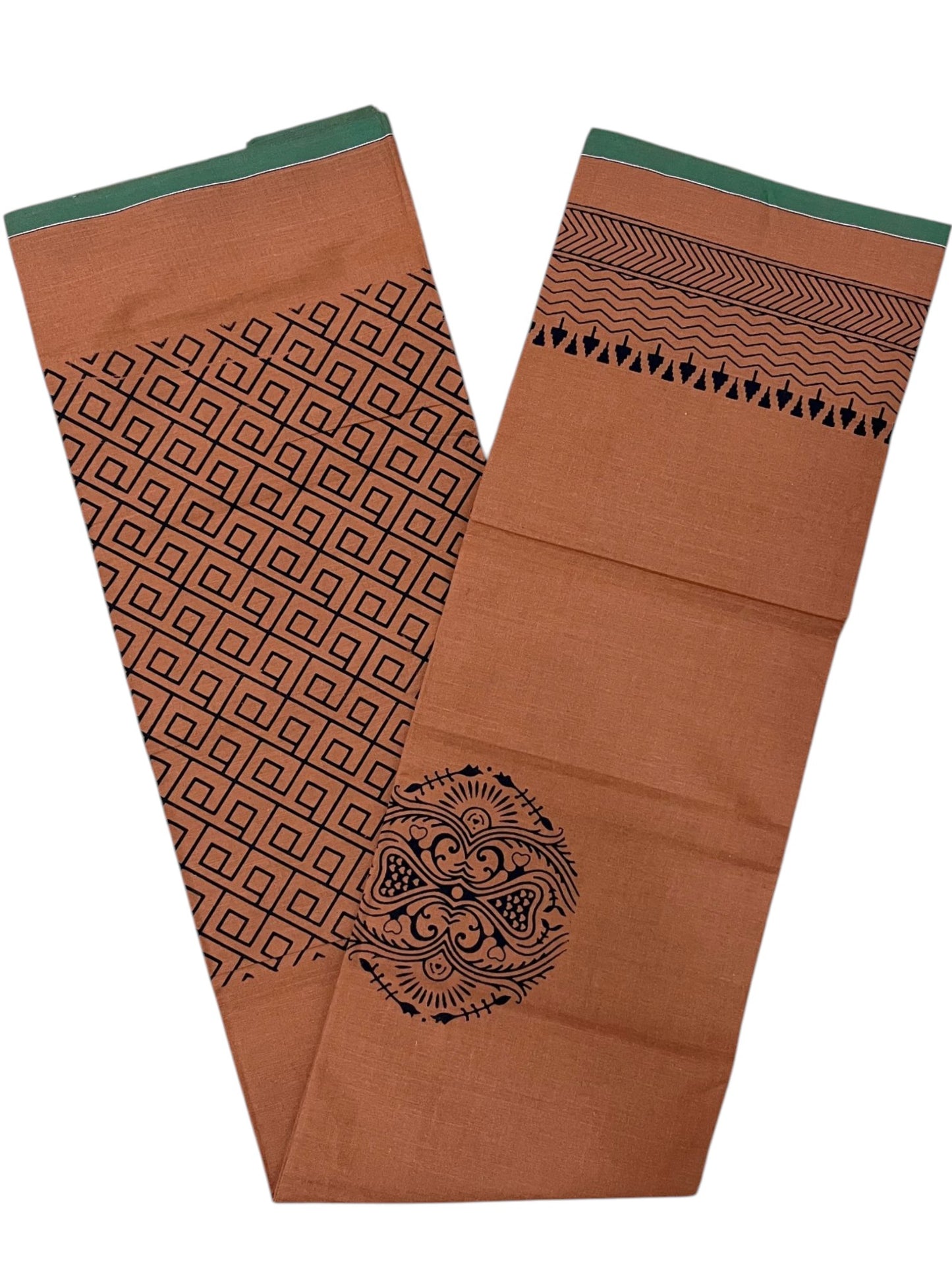 Southloom Saffron (Kaavi) Black Printed Single Mundu / Lungi (South Indian Kerala Dhoti) SL319