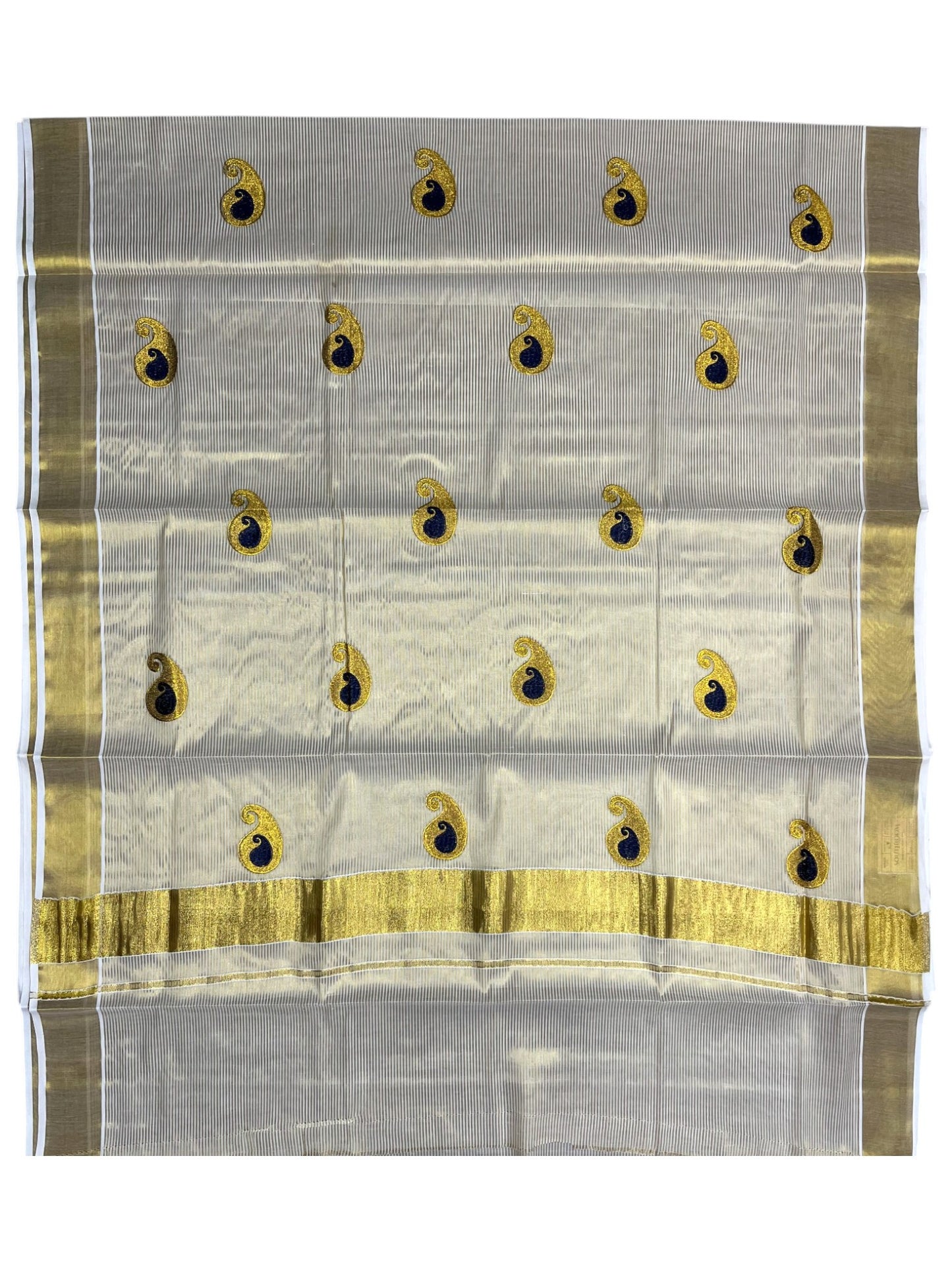 Southloom Kerala Tissue Kasavu Saree with Blue Embroidery Design