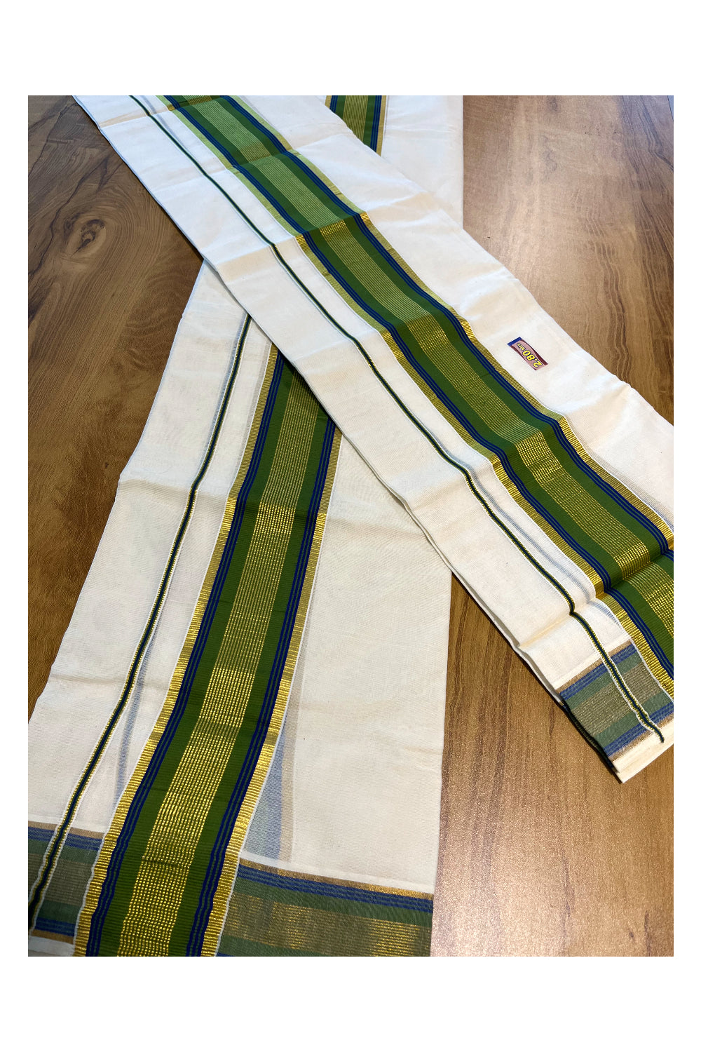 Kerala Cotton Set Mundu (Mundum Neriyathum) with Kasavu and Olive Green Border 2.80 Mtrs