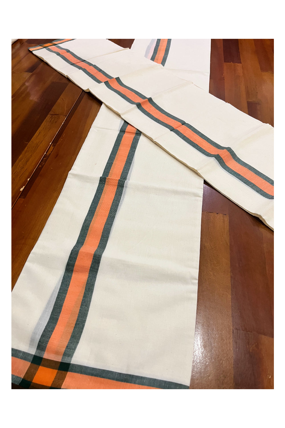 Kerala Mulloth Cotton Single Mundum Neriyathum with Orange Green Border 2.80 Mtrs (Extra Soft Cotton)