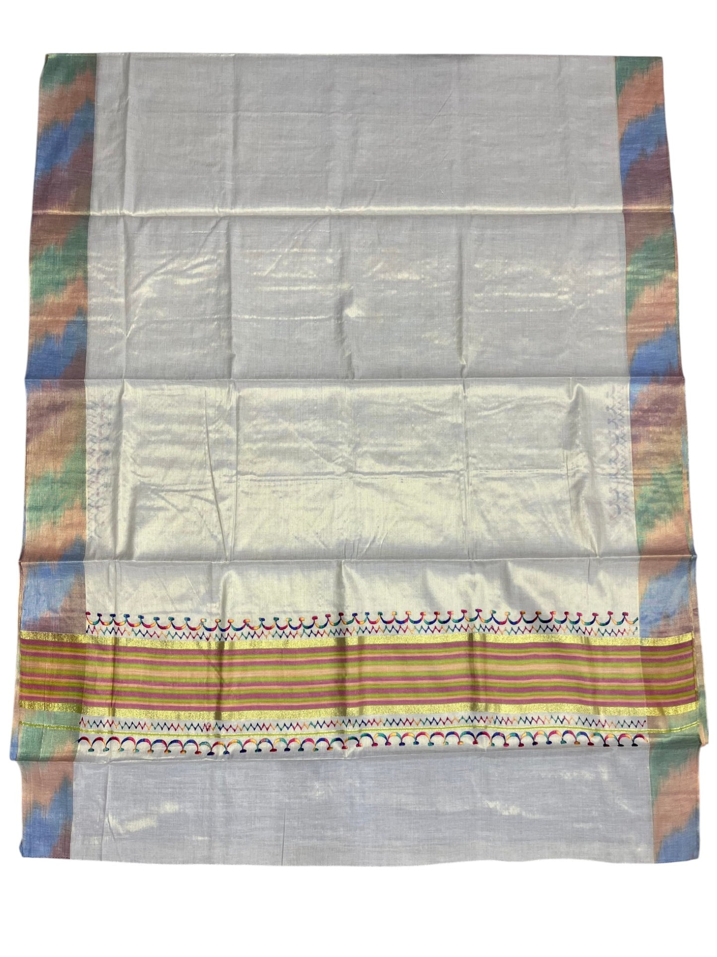 Southloom Kerala Tissue Kasavu Saree with Multi Colour Pochampally Design on Borders and Kara