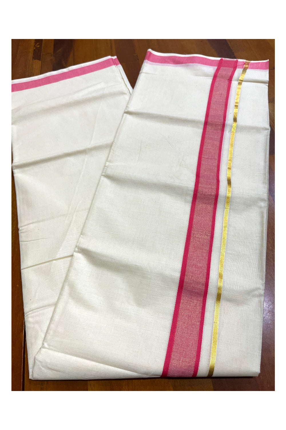 Kerala Pure Cotton Double Mundu with Pink and Kasavu Border (South Indian Kerala Dhoti)