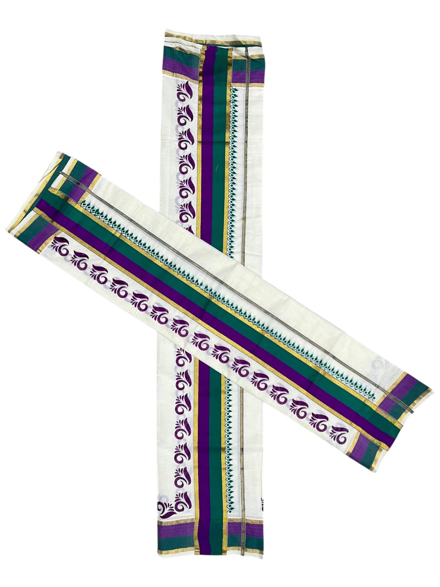 Southloom Cotton Single Set Mundu (Mundu Neriyathum) Digital Print With Green And Violet Border Kasavu in 2.80 Mtrs