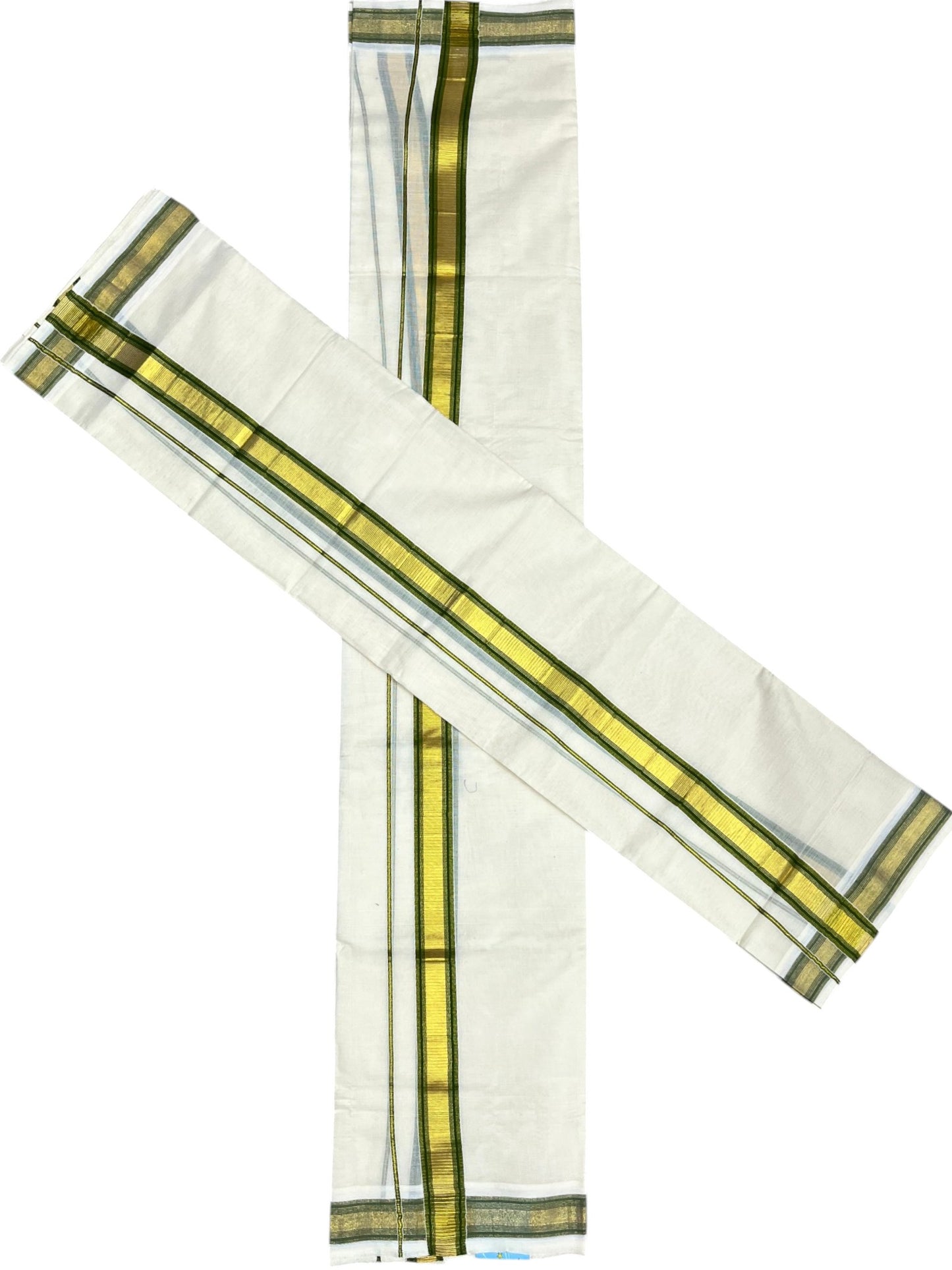 Kerala Cotton Set Mundu (Mundum Neriyathum) with Kasavu and Olive Green Border 2.80 Mtrs SLKK SL470