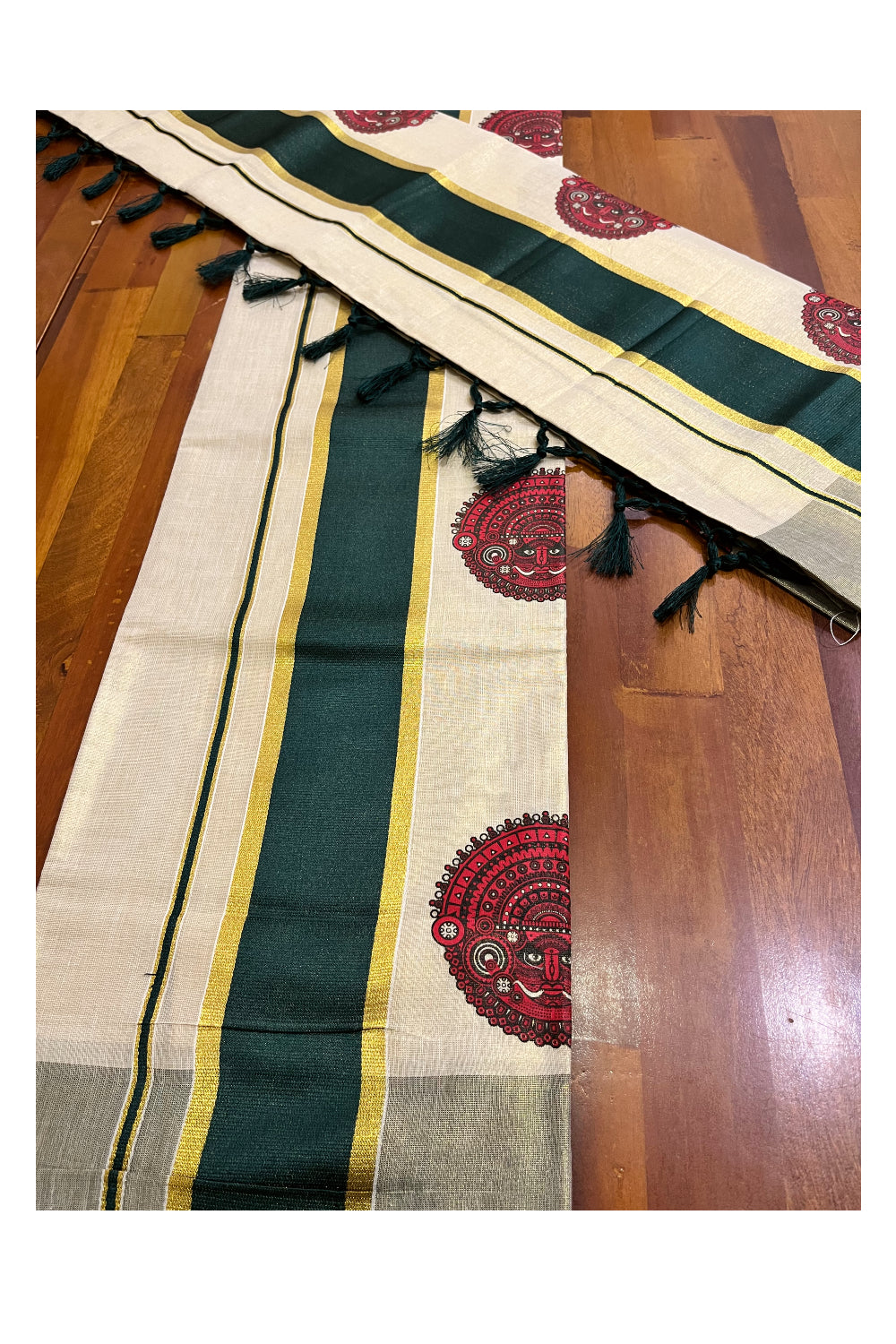 Kerala Tissue Single Set Mundu (Mundum Neriyathum) with Theyyam Block Prints and Dark Green Border (Vishu 2024 Collection)