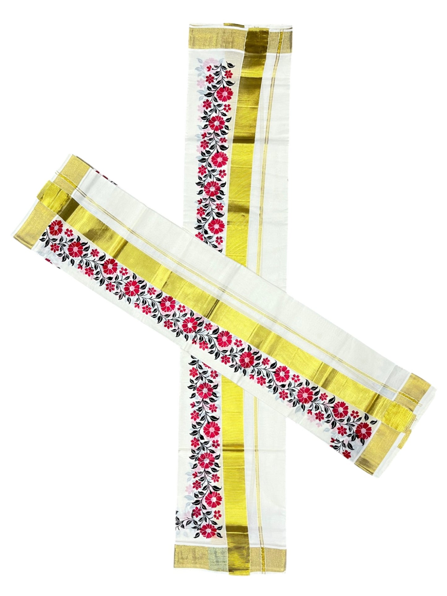 Southloom Pure Cotton Kerala Kasavu Single Set Mundu (Mundum Neriyathum) with Floral Print in Red and Black